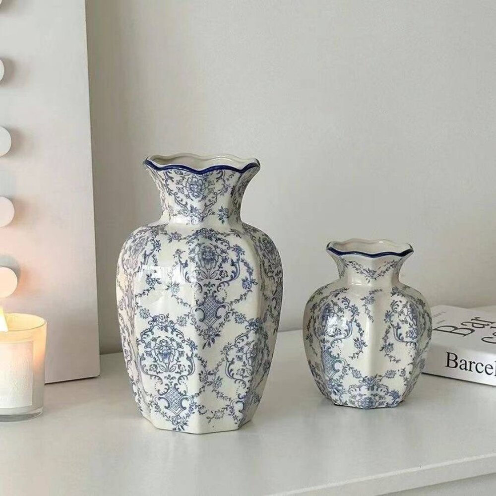White Ceramic Vase with Soft Blue Design